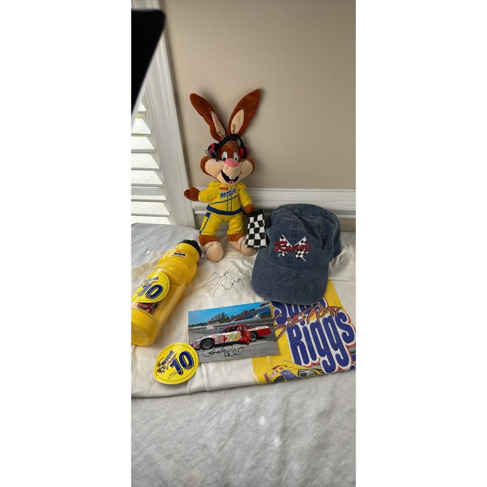 Vintage Scott Riggs Nesquik Racing Memorabilia Set Signed Shirt Hat Plush Car